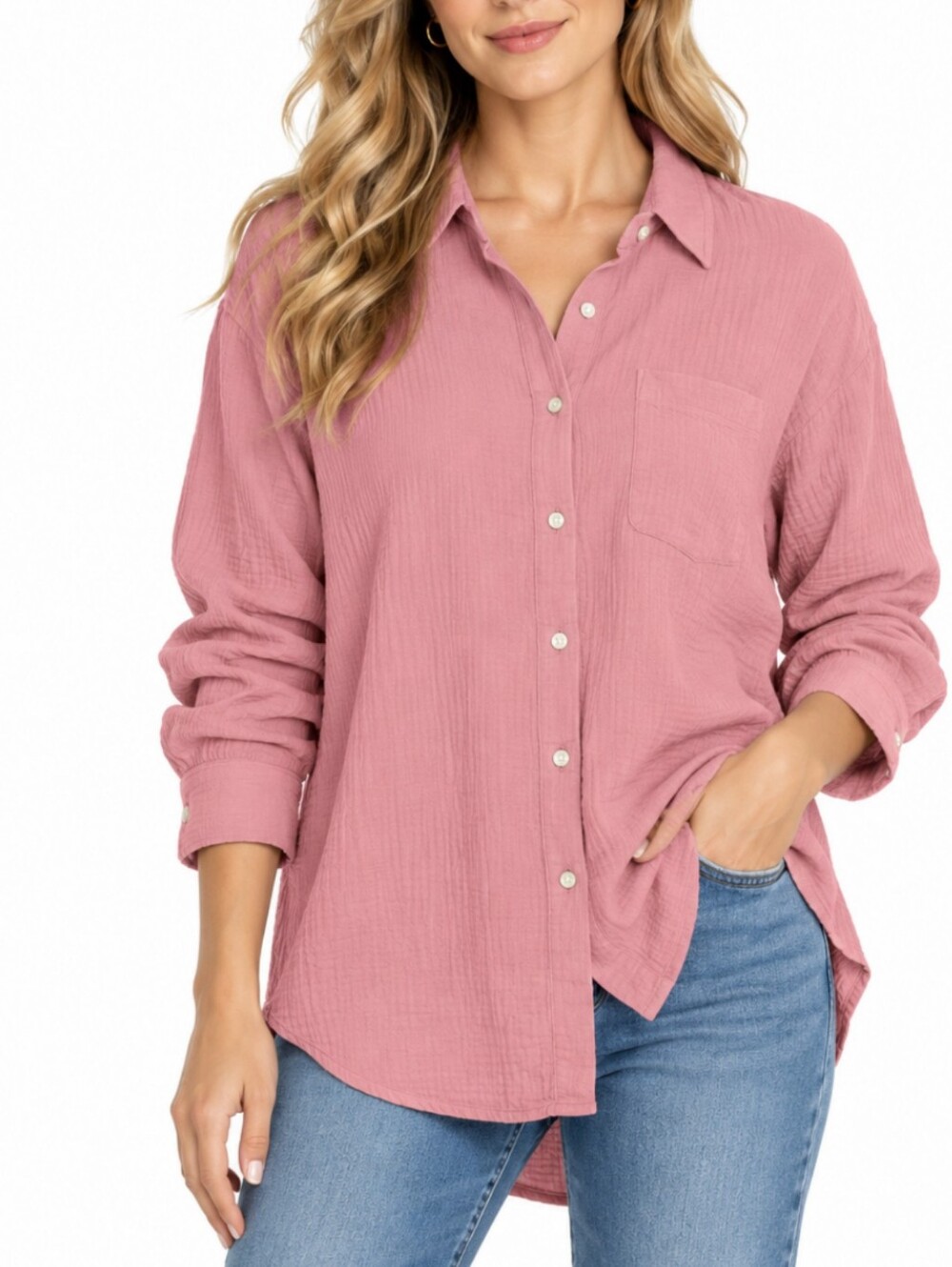 J. Jill Double Gauze Cotton Button Up Shirt XL Dusty Pink Coastal Lagenlook NWT